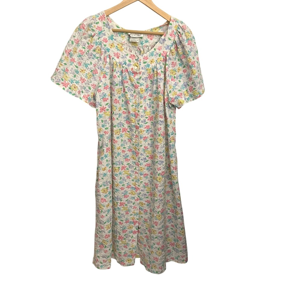 Miss Elaine Nightgown Womens Medium Multicolor Floral Seersucker House Dress EX